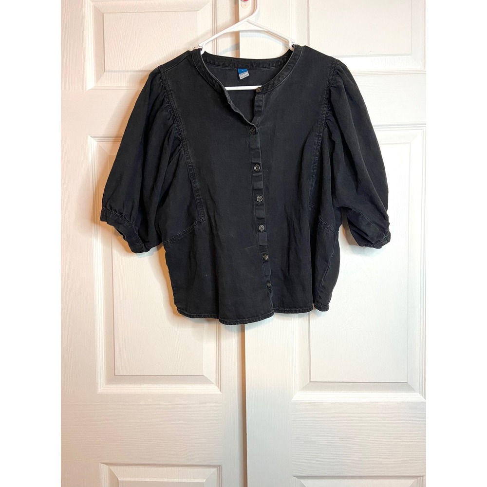 Old Navy Womens Black Cotton Puff Sleeve Button Front Blouse Top Large